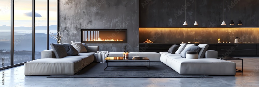 Modern living room with fireplace and mountain view. Modern living room with fireplace and mountain view.