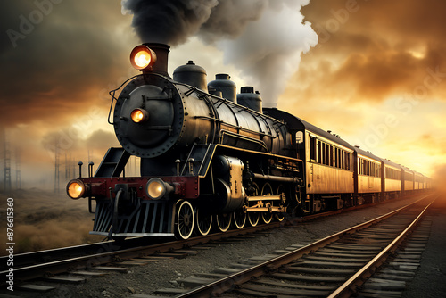 Vintage steam locomotive on the railway at sunset. 3d render