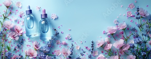 Two dropper bottles among purple and pink flowers on a blue background, perfect for beauty and skincare related themes.