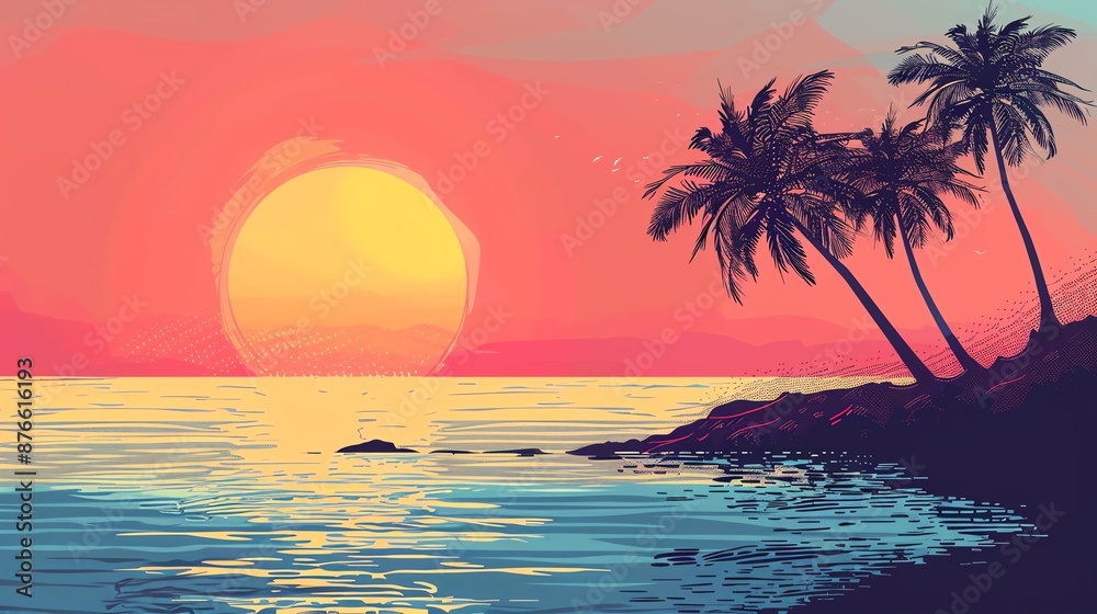 beach sunset palm vector flat design side view island retreat theme water color Triadic Color Scheme