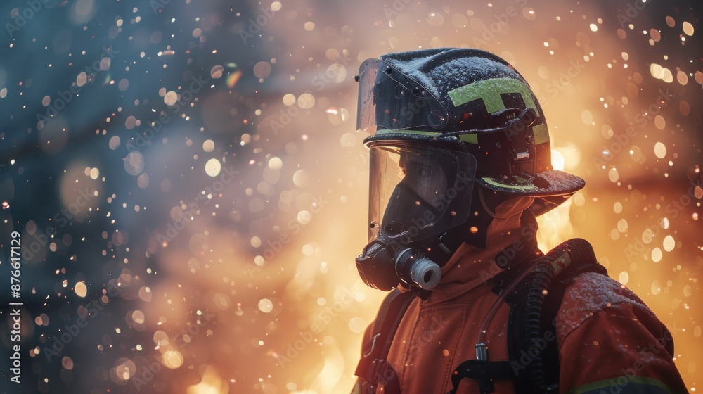 Heroic firefighter in protective gear stands bravely in front of blazing building, ready to save lives Heroic firefighter in protective gear stands bravely in front of blazing building, ready to save lives