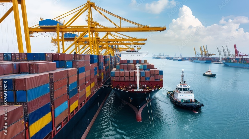Naklejka premium Industrial port dock, massive shipping vessels lined up, workers and machinery in action, showcasing the dynamic energy of a busy wharf
