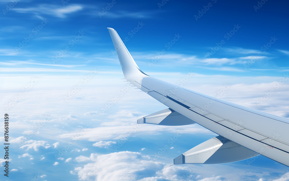 Airplane wing on blue sky background. 3d render illustration. Airplane wing on blue sky background. 3d render illustration.