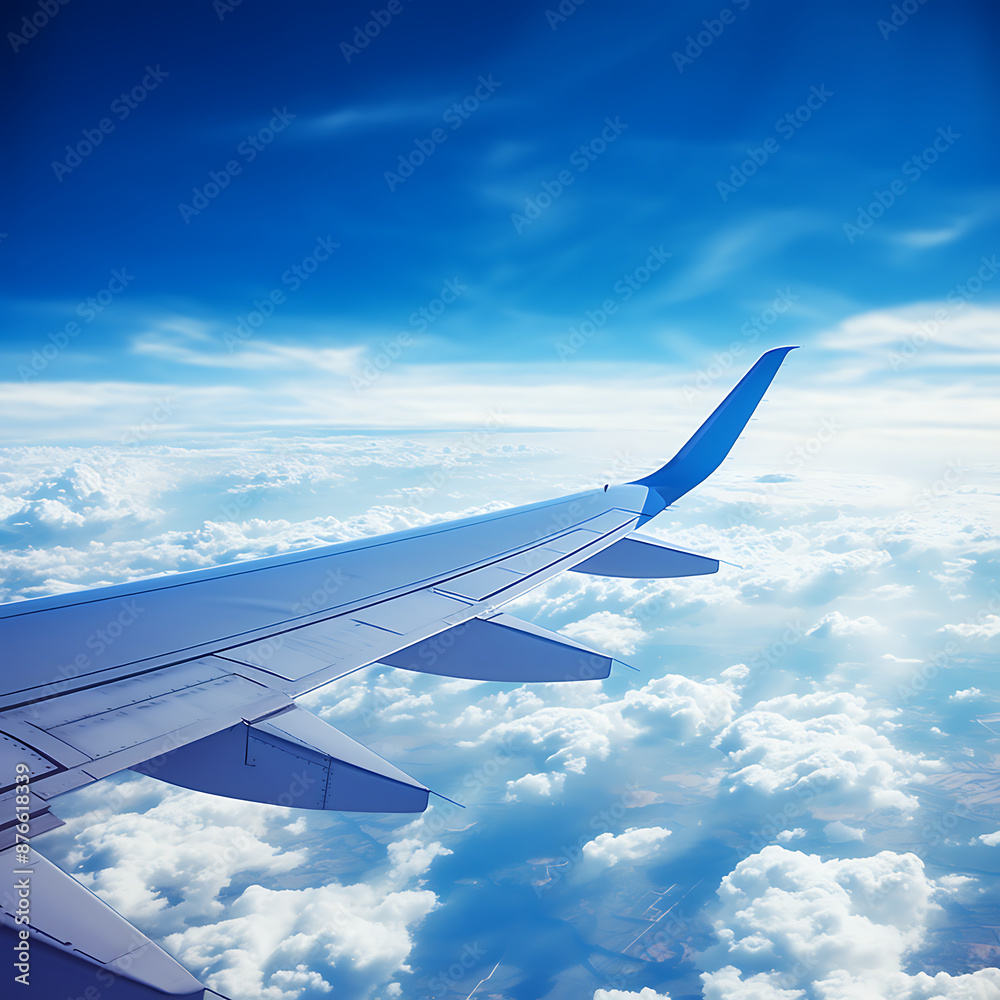 Fototapeta premium Airplane wing on blue sky background. 3d render illustration.