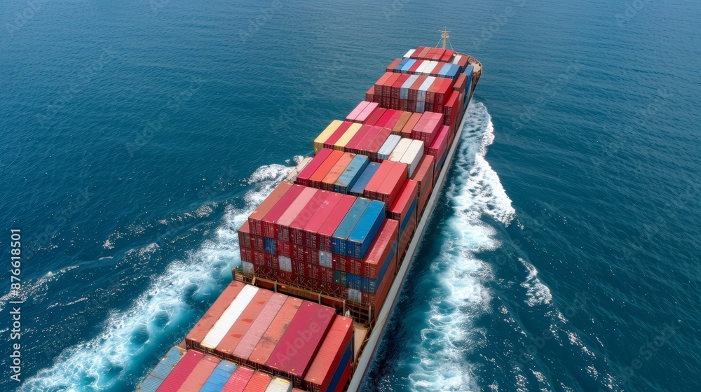 Fototapeta premium Modern freight ship transporting cargo containers across the ocean, efficient global transport solution, showcasing haulage and dispatch