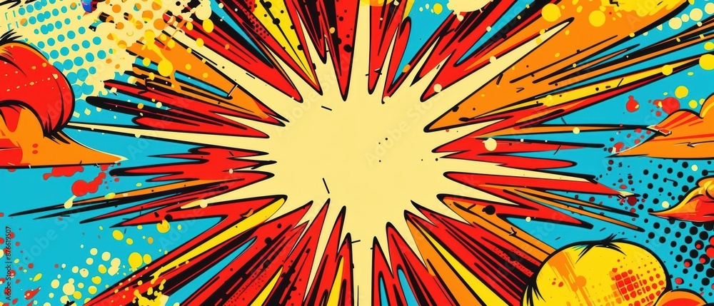 Fototapeta premium Invitation design with a bold explosion in comic book style, superhero graphics, space for party information