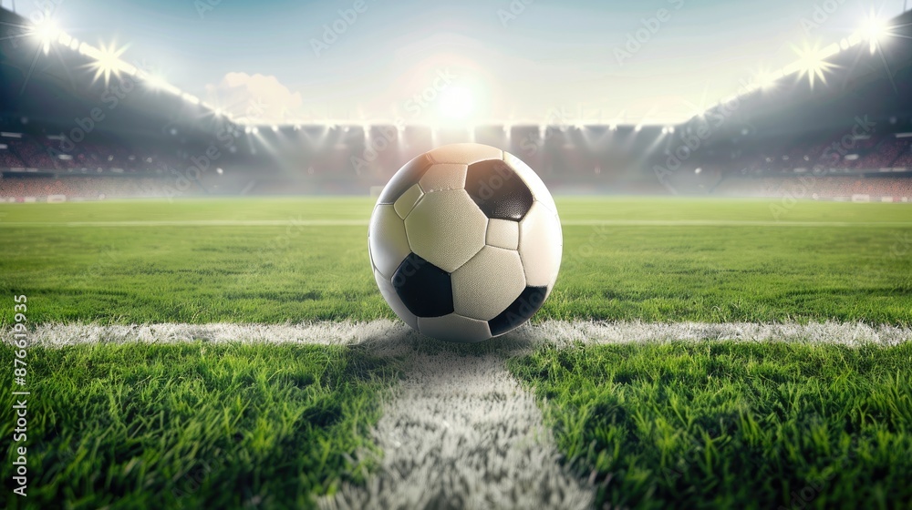 Fototapeta premium Soccer Field with Soccer Ball on Green Grass: Football Field Background
