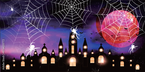 ハロウィン　秋　満月　城　背景