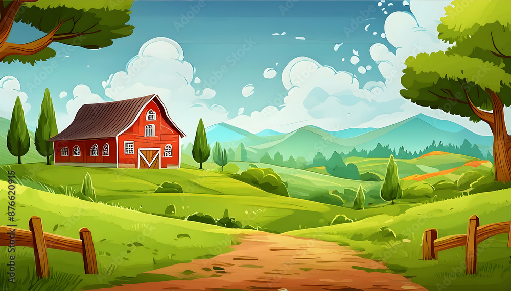 Cartoon farm scene with a classic red barn and silo Idyllic cartoon ...