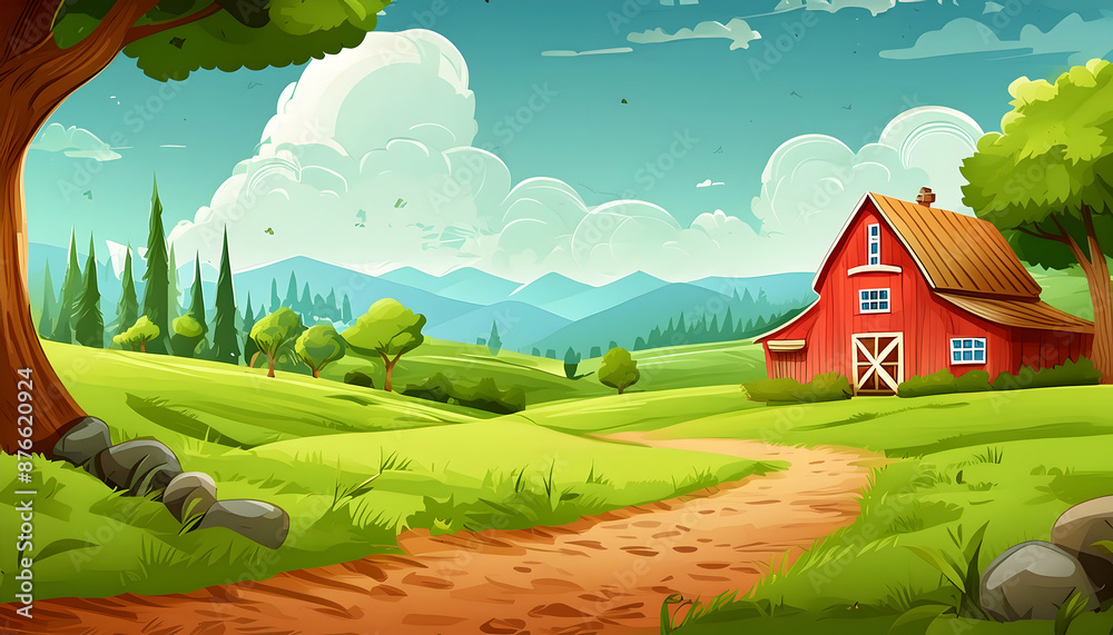 Cartoon farm scene with a classic red barn and silo Idyllic cartoon ...