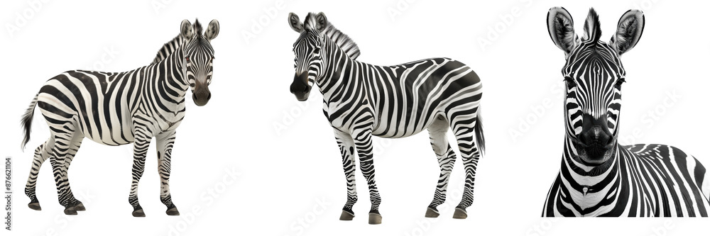 Fototapeta premium Three zebras are shown in a row, with the middle one looking at the camera