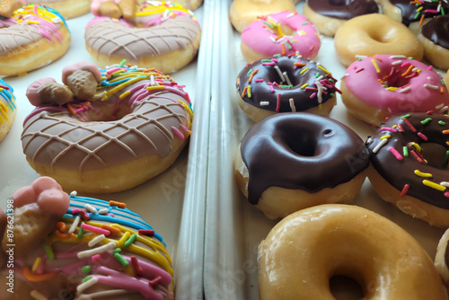 Various selections of colorful donuts for sale in the store.