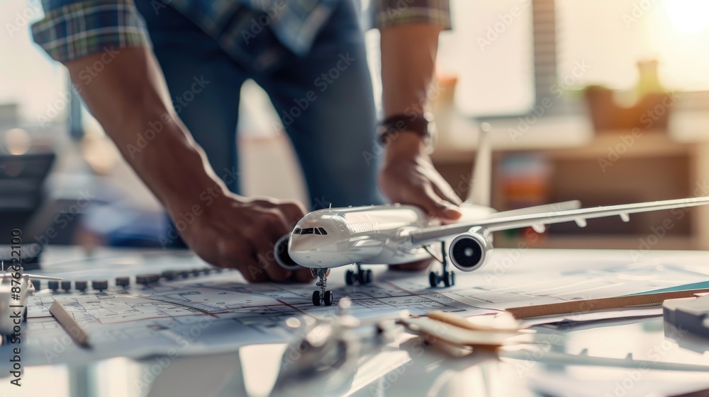 Person working on aircraft model planning in office Person working on aircraft model planning in office