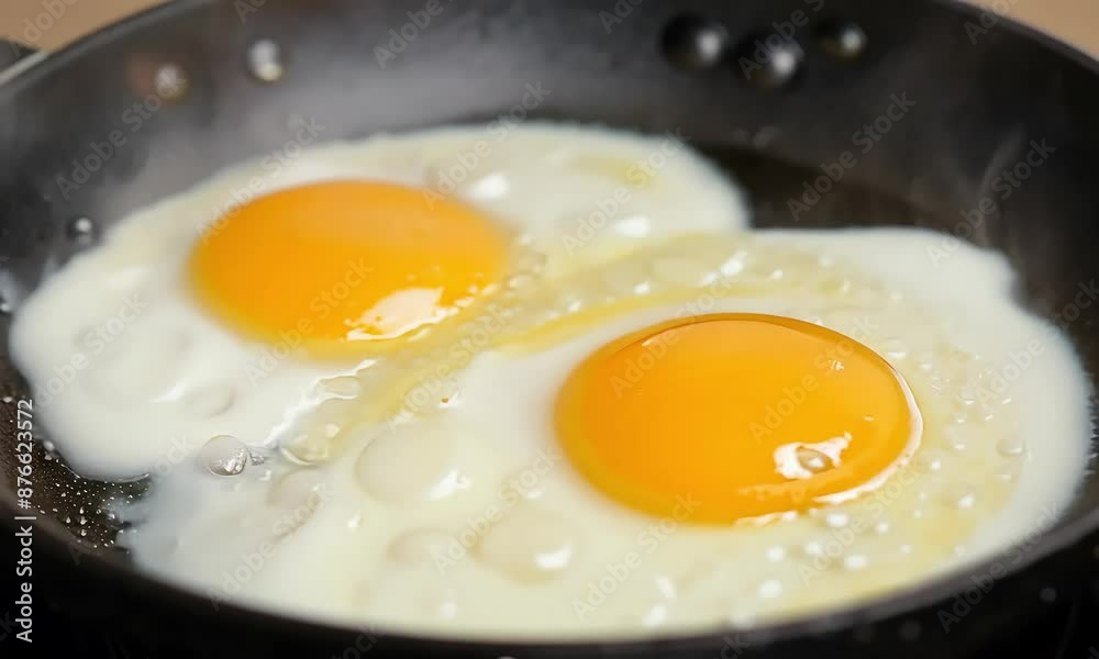 Two fried eggs sizzling in a black frying pan (mov) Two fried eggs sizzling in a black frying pan (mov)