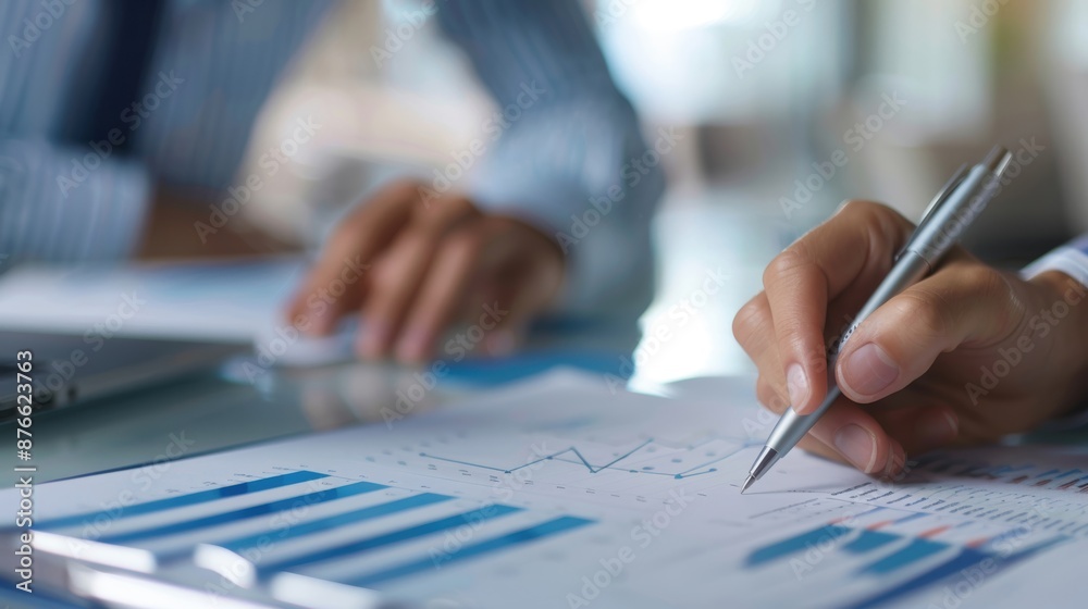Professionals in a business meeting analyzing graphs and charts, close-up of hands and documents Professionals in a business meeting analyzing graphs and charts, close-up of hands and documents
