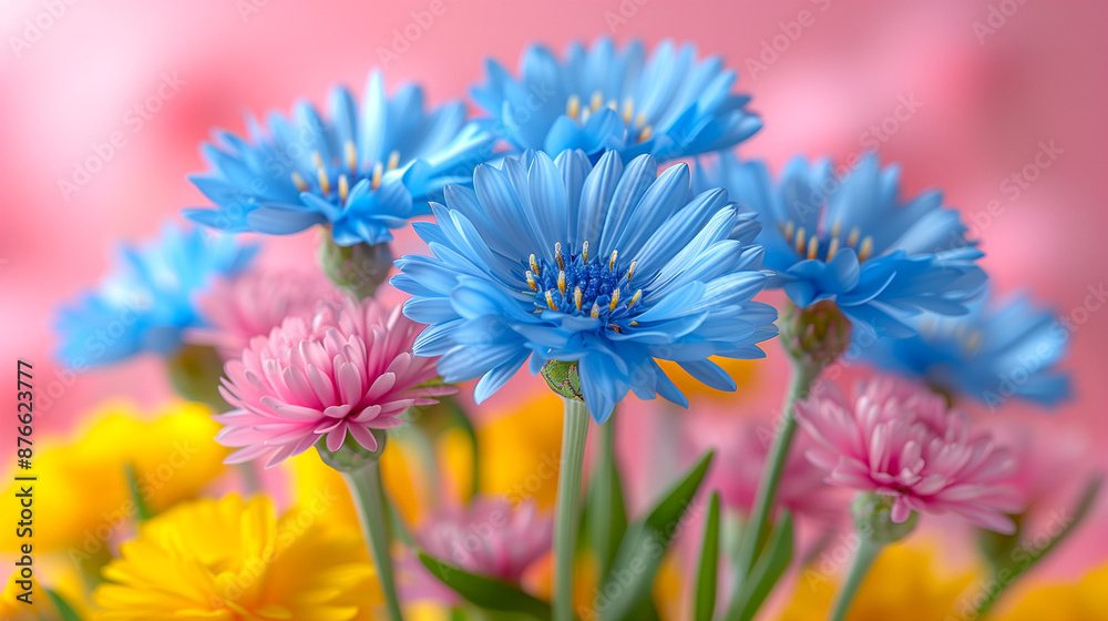 A bouquet of flowers with blue and pink flowers A bouquet of flowers with blue and pink flowers