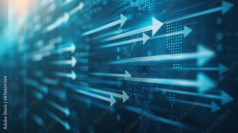 Abstract blue arrows in a digital network, moving ahead, representing technological advancement Abstract blue arrows in a digital network, moving ahead, representing technological advancement