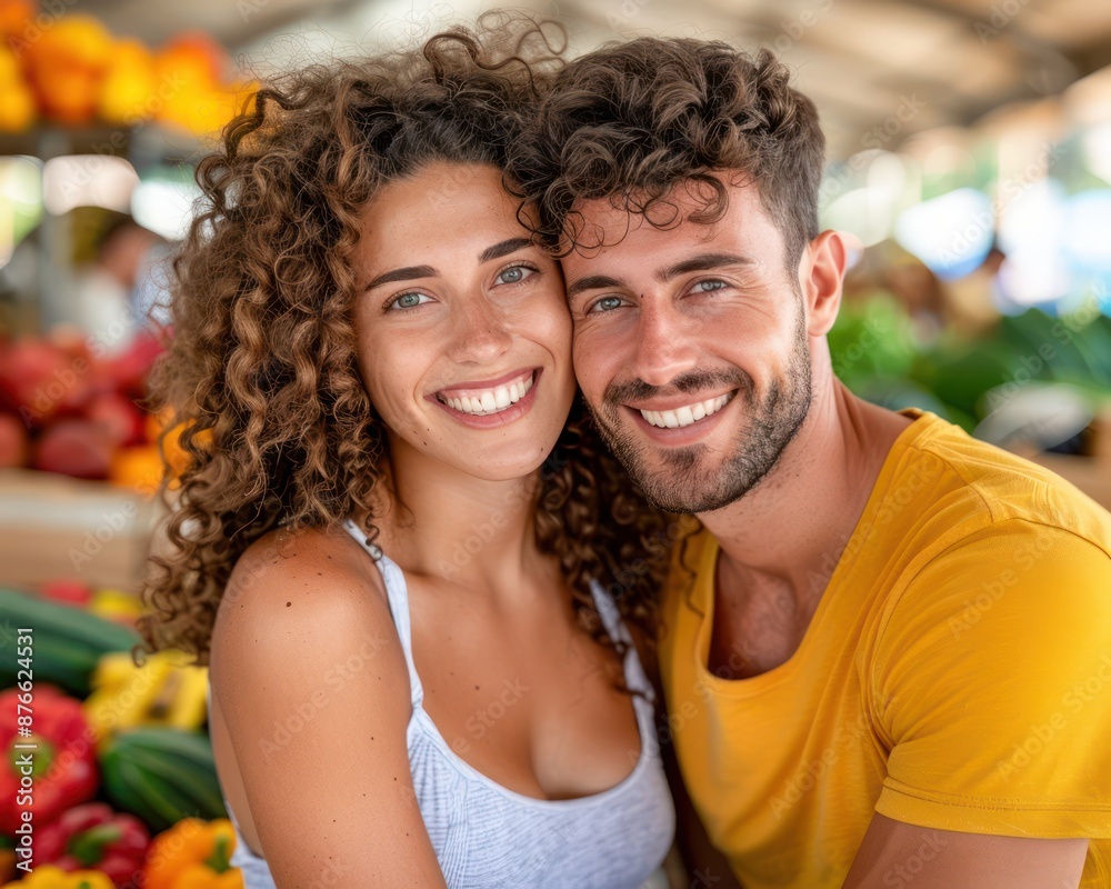 Happy Couple Enjoying a Day at the Farmers Market, Browsing Fresh Produce and Smiling Together, A Moment of Joy and Connection in the Open Air Happy Couple Enjoying a Day at the Farmers Market, Browsing Fresh Produce and Smiling Together, A Moment of Joy and Connection in the Open Air