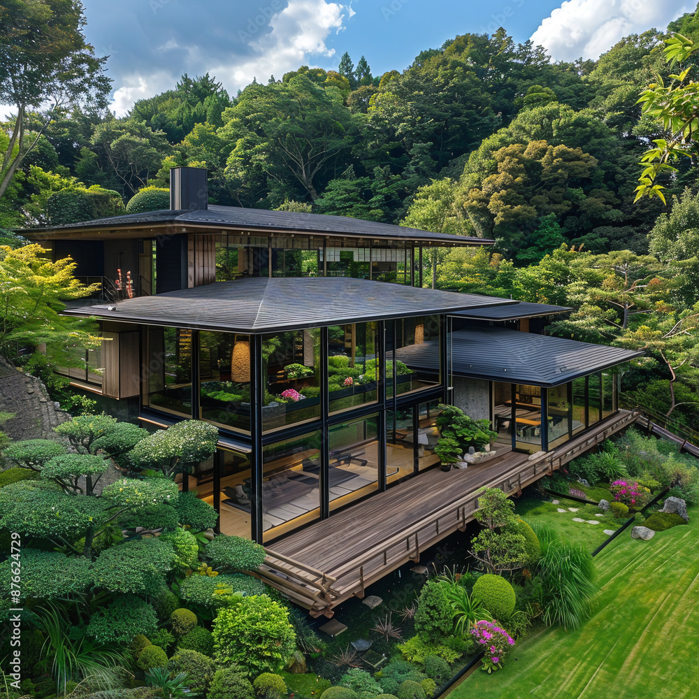 A modern house in the mountains surrounded by lush greenery A modern house in the mountains surrounded by lush greenery