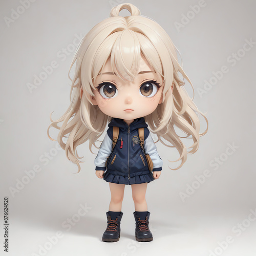 chibi 3D student girl character wear jacket