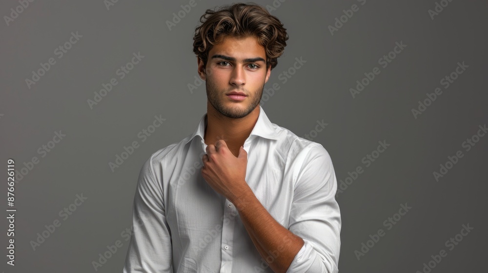 Obraz premium a young man in a white shirt posing in front of gray backgrounds