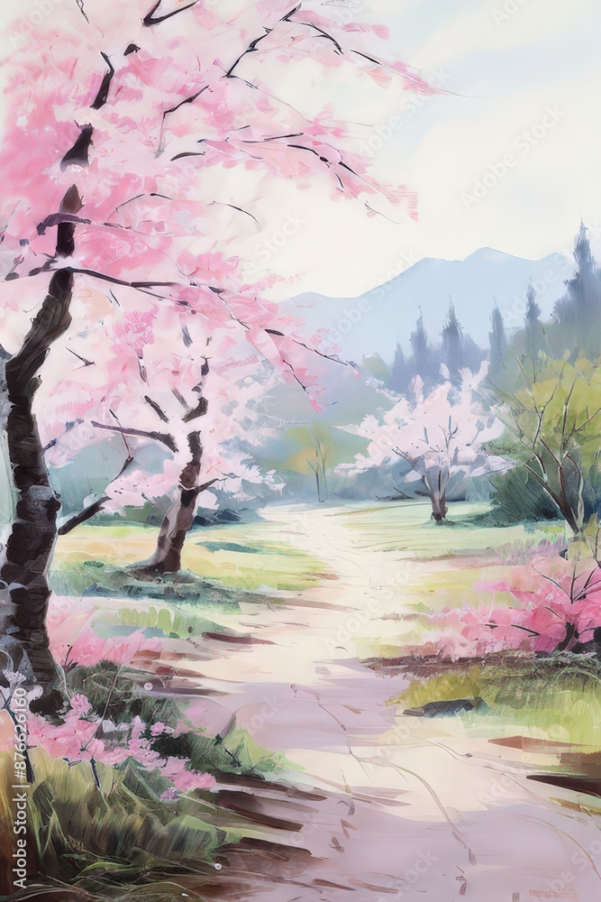 Naklejka premium the ai generated image, misty morning in a cherry blossom garden. landscape