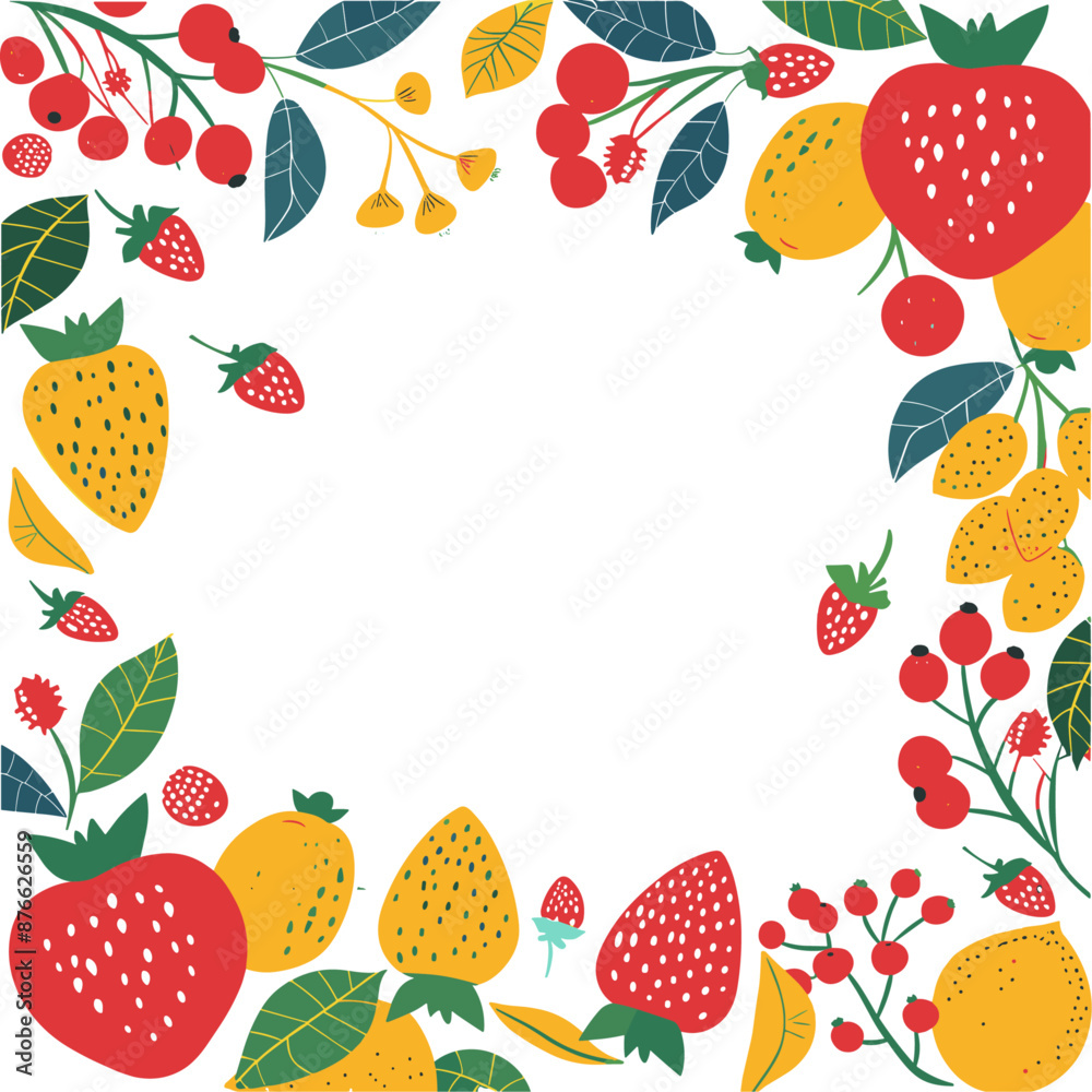 Summer fruits frame with red berries and lemons Summer fruits frame with red berries and lemons