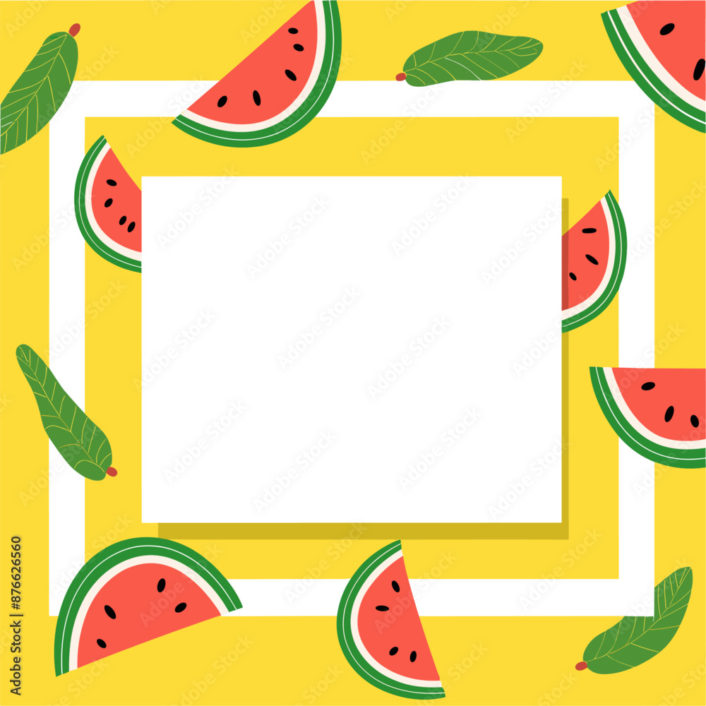 Watermelon slices and green leaves on yellow background with blank square for text or design. Summer fruit concept. Watermelon slices and green leaves on yellow background with blank square for text or design. Summer fruit concept.