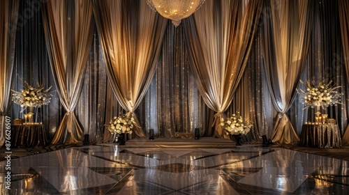 Elegant Wedding Ceremony Decor with Gold and Gray Curtains