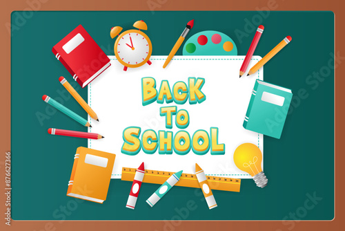 back to school vector design with school supplies vector flat illustration, school stationery.