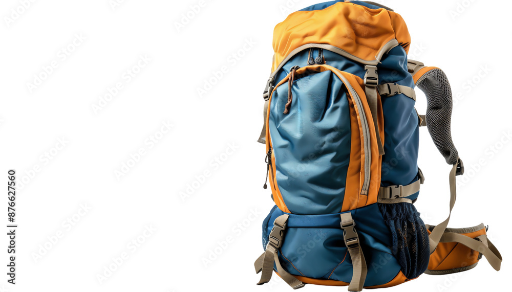 Blue and orange hiking backpack isolated on black. Blue and orange hiking backpack isolated on black.
