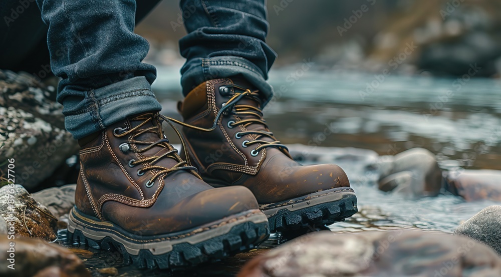 Close-up A man wearing the leather Chilstone boots shoes sitting on rocks by water Generative AI Close-up A man wearing the leather Chilstone boots shoes sitting on rocks by water Generative AI