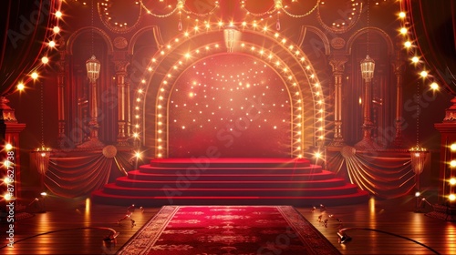Red Carpet Stage with Golden Arch and Lights