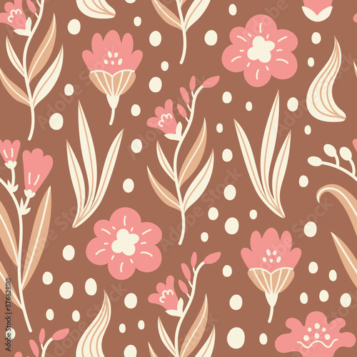 Elegant freesia seamless pattern with flowers and leaves. Floral repeat vector illustration on brown background with dots and blossoms.