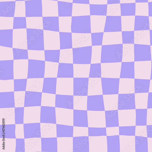 Purple groovy chessboard seamless pattern. Trendy y2k distorted gingham background. Wavy chessboard texture. Vaporwave and synthwave minimal design. Repeat vector illustration