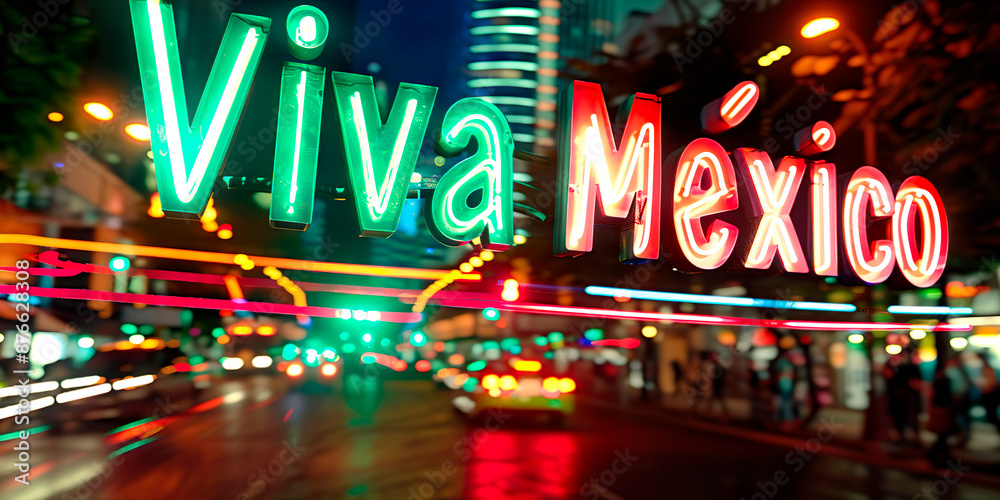 Letrero con la frase “Viva México” en León por la noche de fondo calle de la ciudad de México. Festejos de Día de la independencia 5 de Mayo o días patrióticos Letrero con la frase “Viva México” en León por la noche de fondo calle de la ciudad de México. Festejos de Día de la independencia 5 de Mayo o días patrióticos