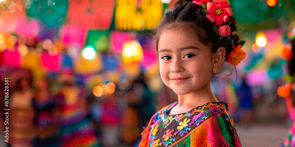 Portrait of girl with Mexican embroidered dress hairstyles with flowers in patriotic celebrations, independence day, or 5 de mayo Portrait of girl with Mexican embroidered dress hairstyles with flowers in patriotic celebrations, independence day, or 5 de mayo