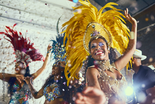 Carnival, performance and woman with samba for dance, parade and event in Brazil. Happiness, female dancer and celebration in city with creative fashion, confetti and music for tradition and culture