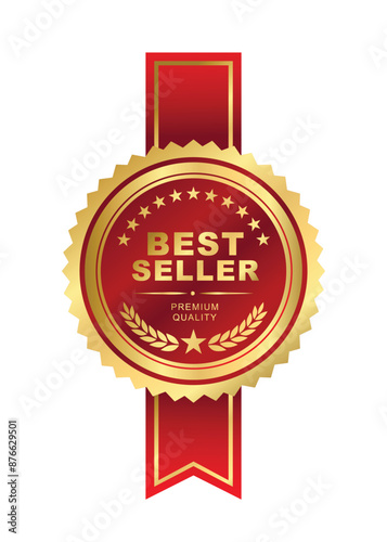 Best seller sticker label with ribon, gold and red badge and red ribbon with Stars and laurel wreath Decoration vector isolated Premium Quality text product, book cover label or your product the Best