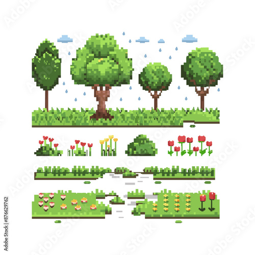 Pixel Art Nature Landscape with Trees, Flowers, and Stream