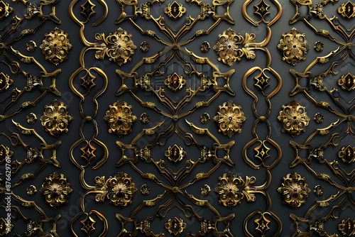 王室の装飾: 豪華な金と黒のアラベスク模様