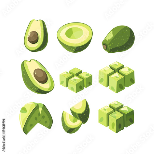 Avocado Illustration Set. Whole, Half, Sliced, Diced, Green Fruit for Healthy Diet