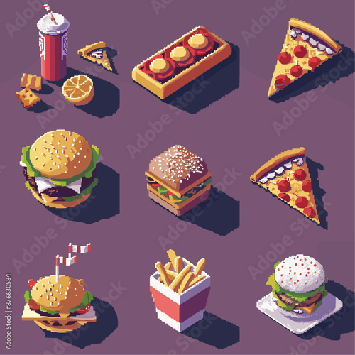 Fast food icons set, burger, pizza, fries, soda, isometric design