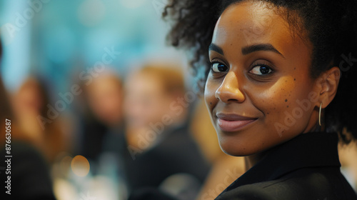 a confident businesswoman making a groundbreaking presentation at a corporate event. Her poised delivery and expertise illustrate the impact of women breaking barriers in the business world