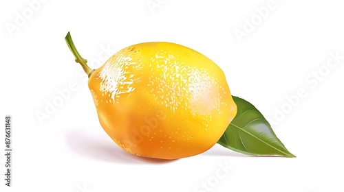 Single Yellow Lemon with Green Leaf Realistic Illustration photo