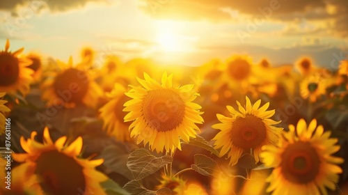 A field of sunflowers with the sun setting in the background