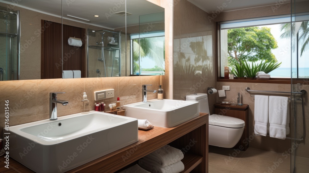 a bathroom with a large mirror and a sink with towels on it