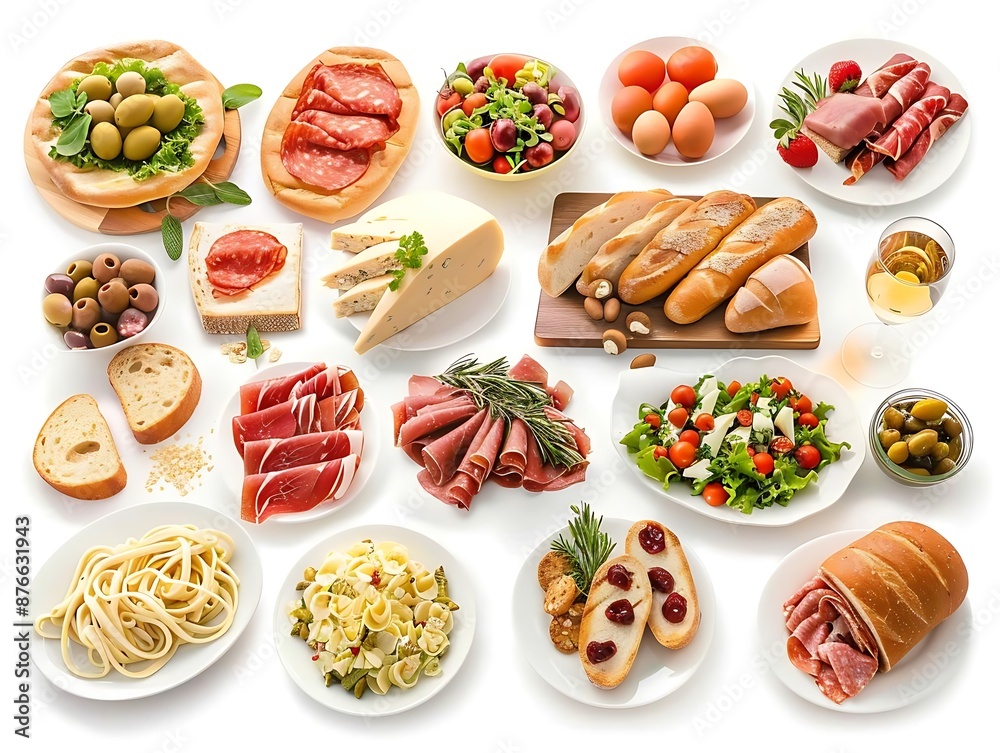 Italian Food Platter Illustration with Salami, Prosciutto, Cheese, Bread, Olives, and Salad Italian Food Platter Illustration with Salami, Prosciutto, Cheese, Bread, Olives, and Salad