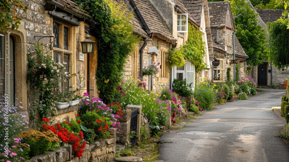 Fototapeta premium Beautiful idyllic old English village street with cottages made of stone and front garden with flowers