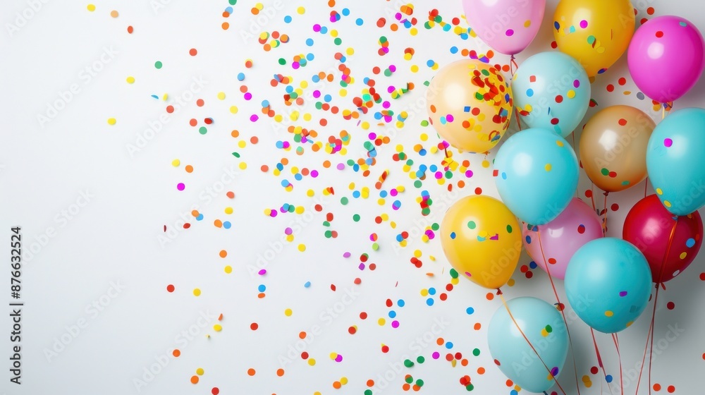 Colorful Balloons and Confetti on White Background Colorful Balloons and Confetti on White Background